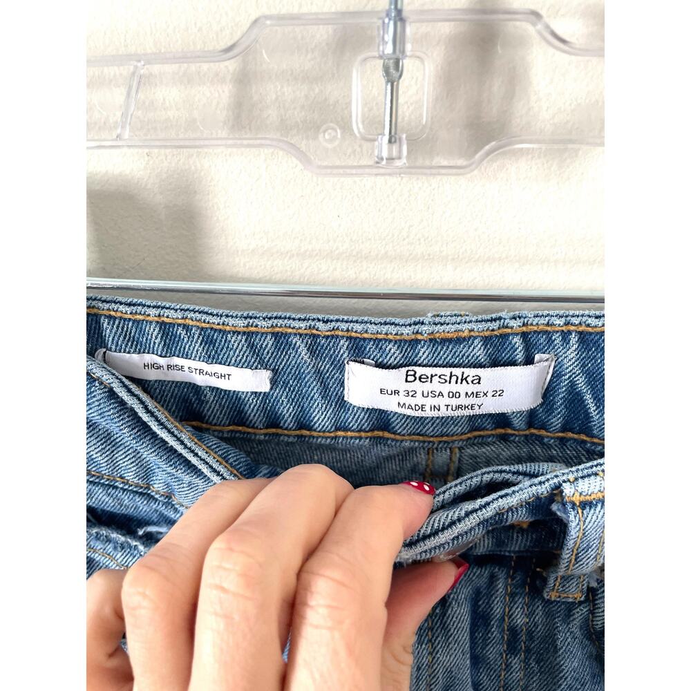 Bershka High Rise Straight Snake Stripe Denim Jeans Blue Beige Size 00 - Picture 6 of 7